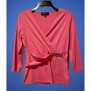 Jones New York‎ women's V Neck Faux Wrap 3/4 Sleeve Top Blouse Sz Small Buckle S